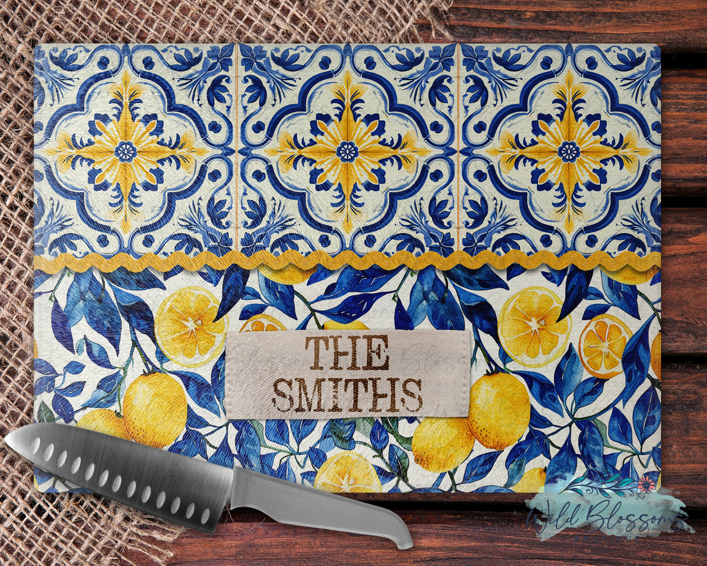 Navy Blue Lemon Tile Personalized Kitchen Towel