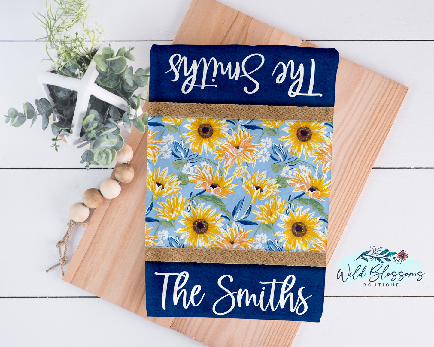 Navy Sunflower Floral Personalized Kitchen Towel