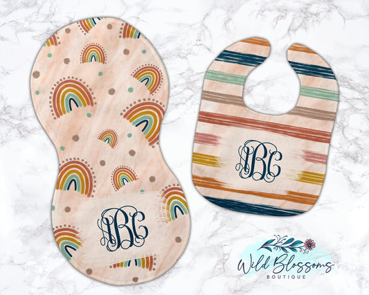 Neutral Rainbow and Stripes Baby Bib And Burp Cloth Set