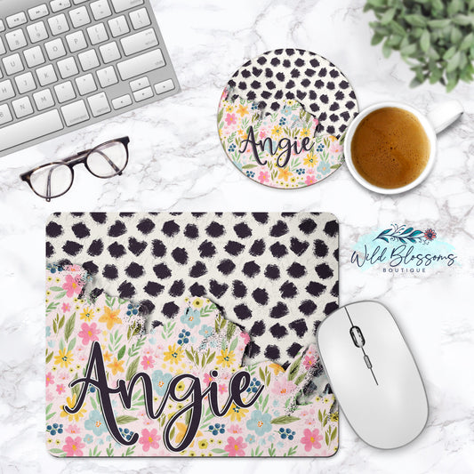 Pastel Floral And Polka Dot Personalized Mouse Pad And Coaster Desk Set