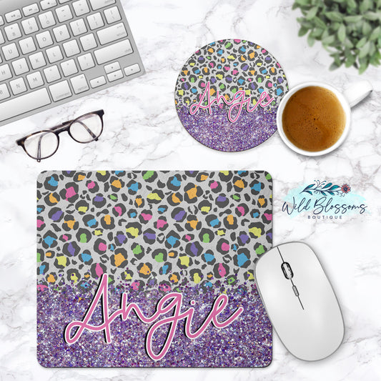 Pastel Leopard Print & Glitter Look Personalized Mouse Pad And Coaster Desk Set
