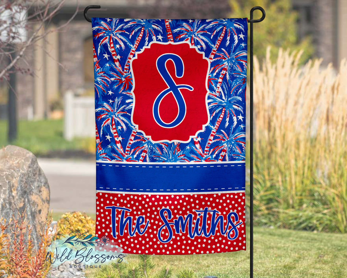 Patriotic Palm Tree And Polka Dot Personalized Garden Flag