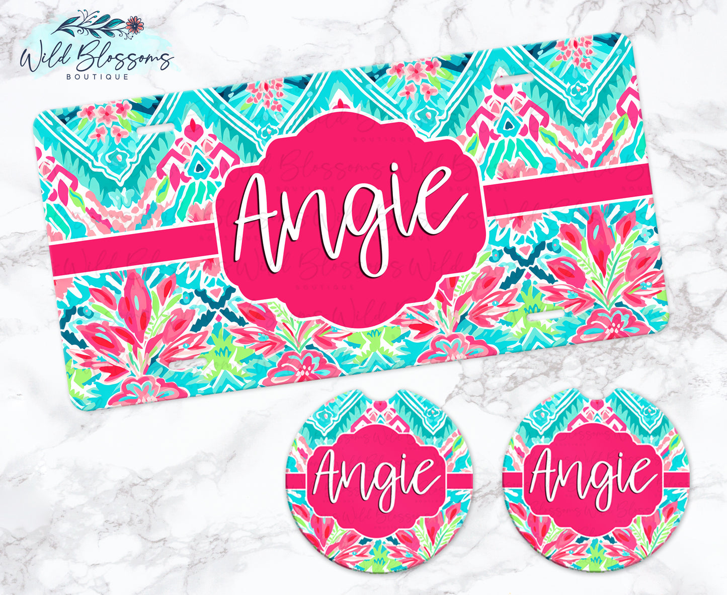 Pink And Aqua Floral Personalized License Plate