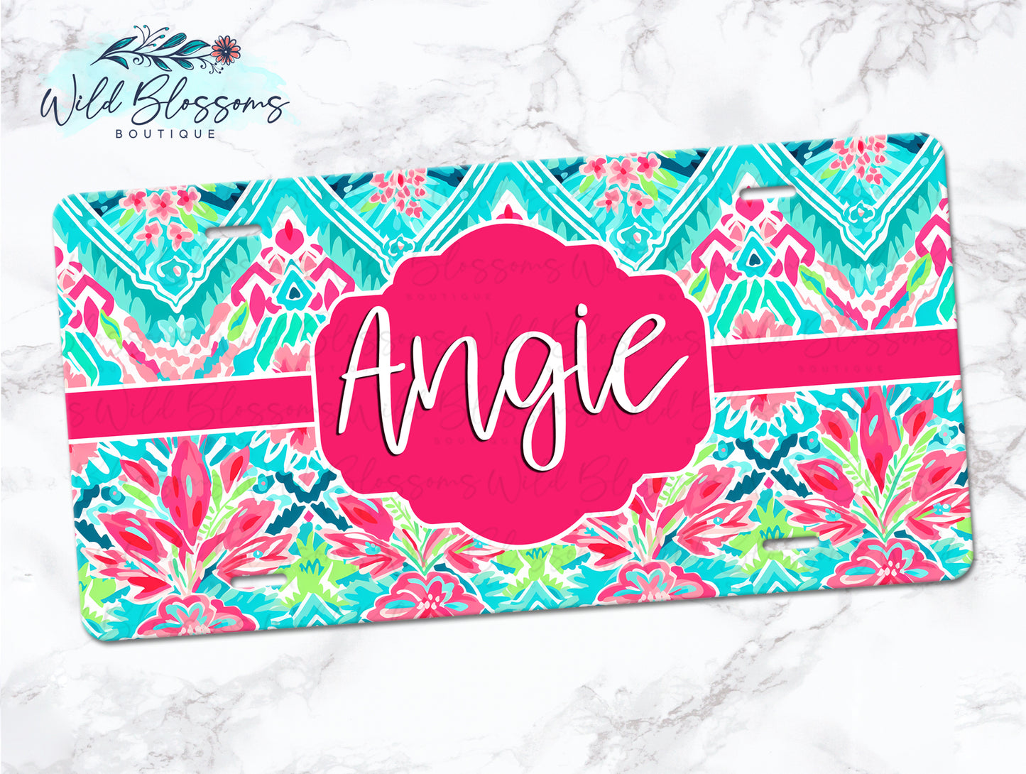 Pink And Aqua Floral Personalized License Plate