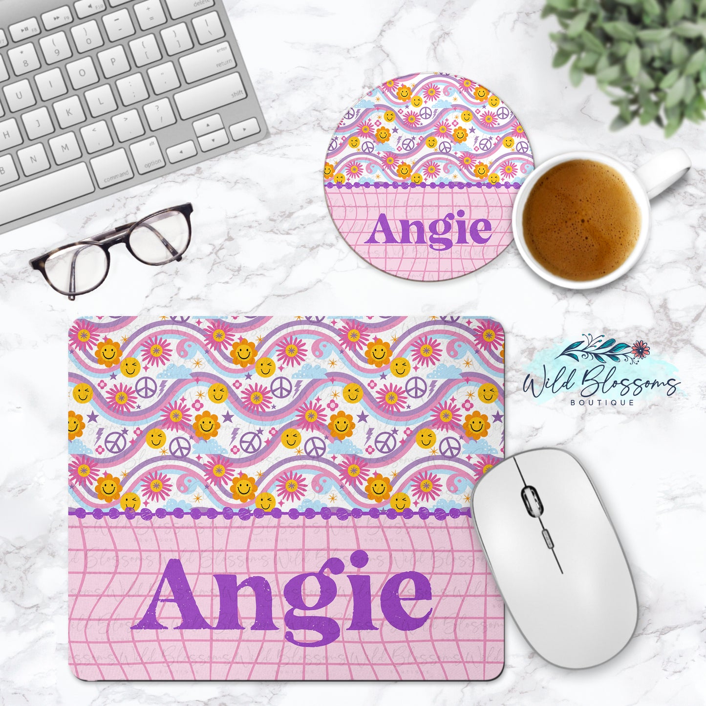 Pink And Purple Retro Personalized Mouse Pad And Coaster Desk Set