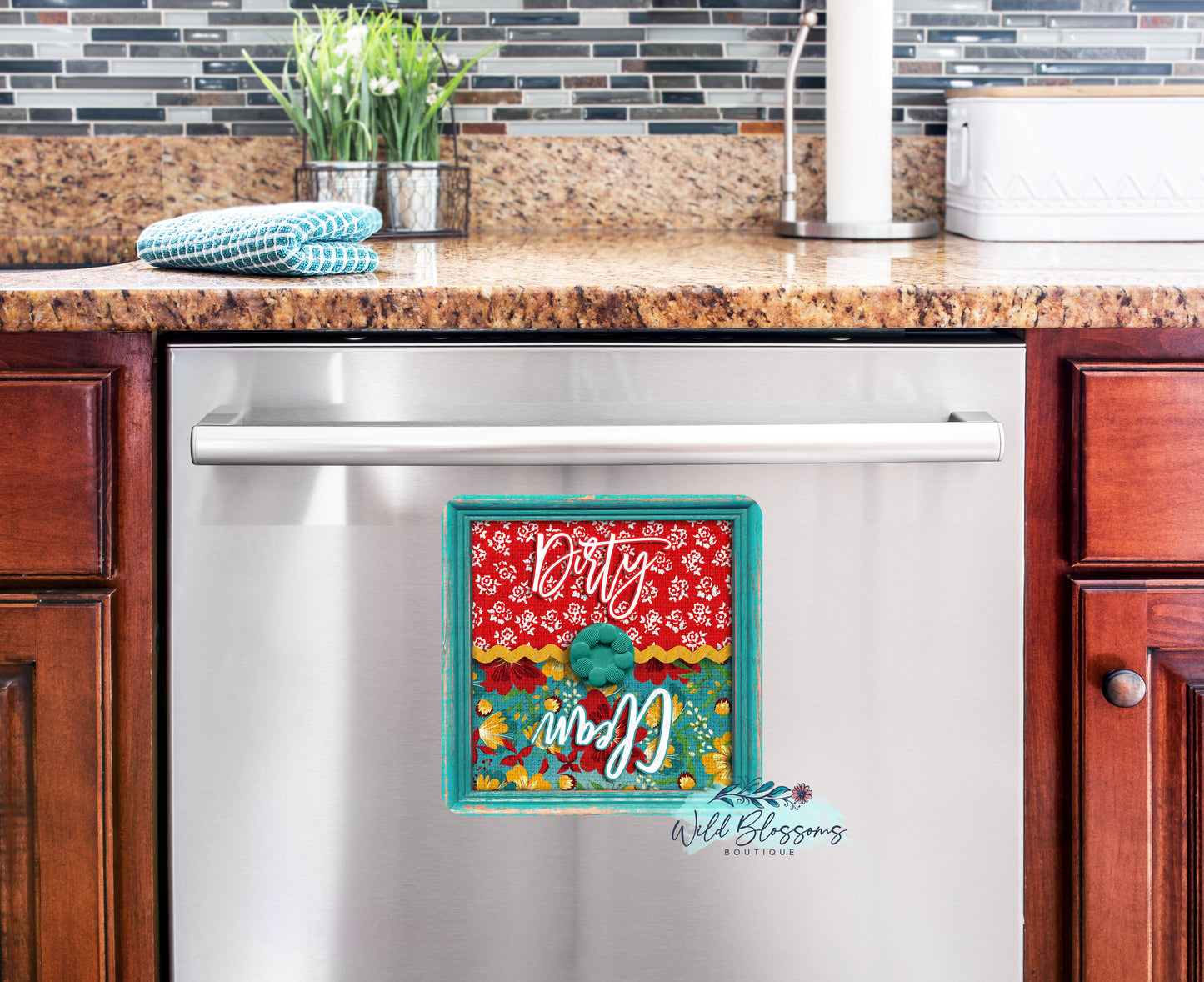 Red And Teal Floral Farmhouse Personalized Kitchen Towel