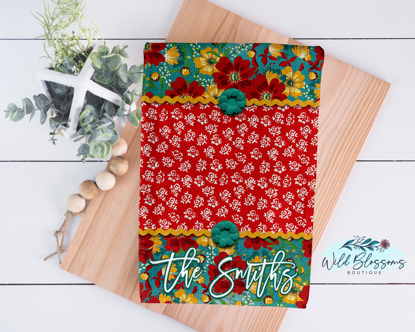 Red And Teal Floral Farmhouse Personalized Kitchen Towel