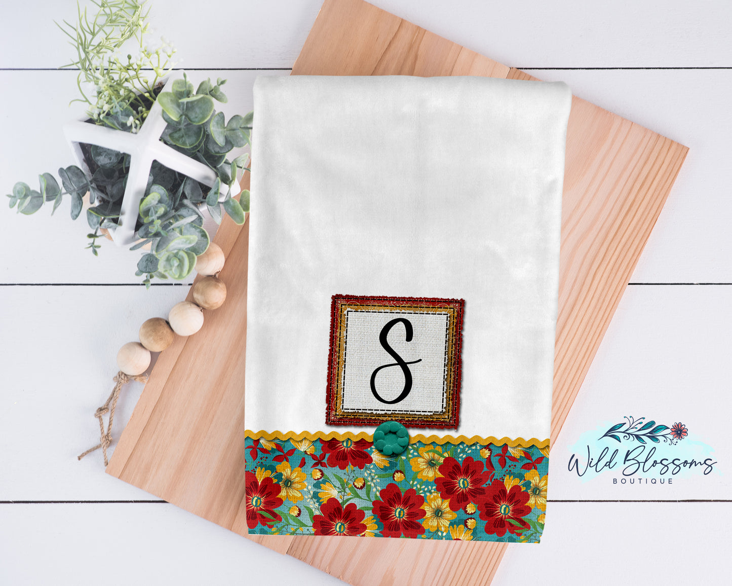 Red And Teal Floral Bandana Farmhouse Personalized Kitchen Towel
