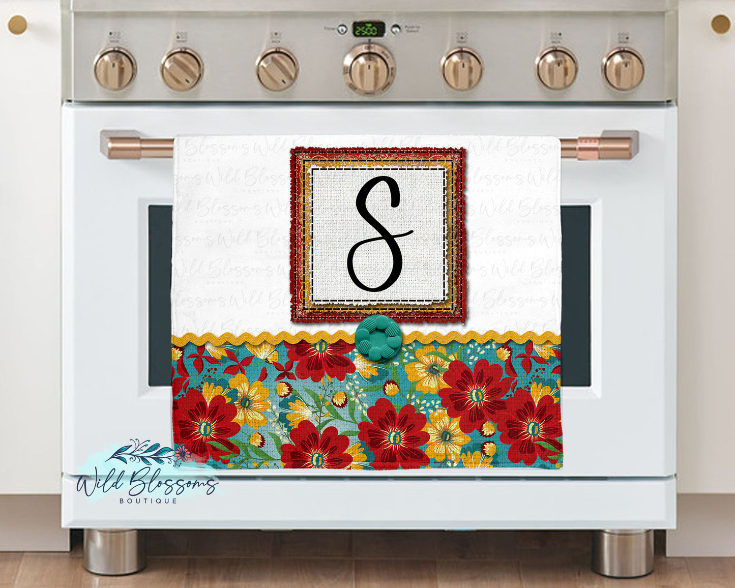 Red And Teal Floral Bandana Farmhouse Personalized Kitchen Towel