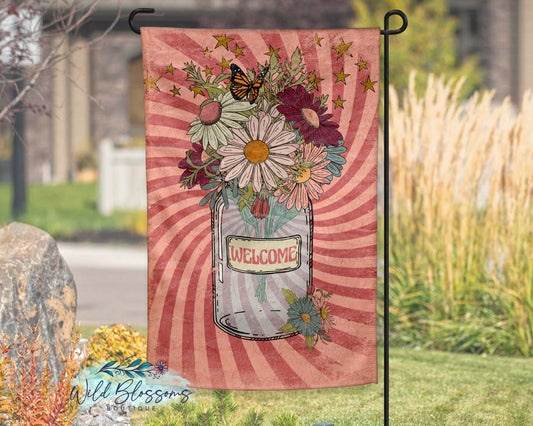 Retro Floral Daisy Welcome Personalized Garden Flag