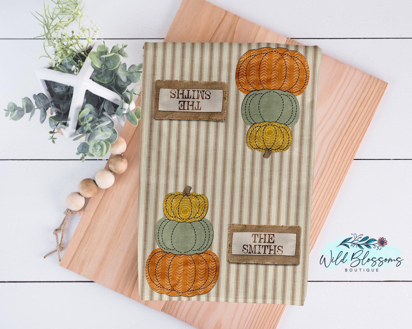 Rustic Stitched Stacked Pumpkins Kitchen Towel