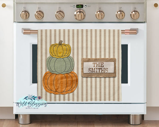 Rustic Stitched Stacked Pumpkins Kitchen Towel