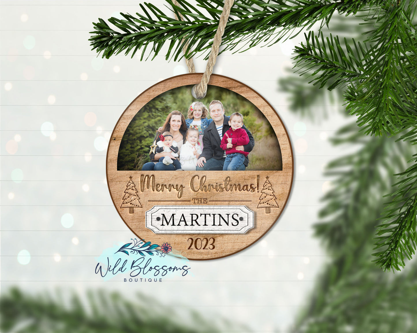 Rustic Wooden Round Custom Photo Ornament