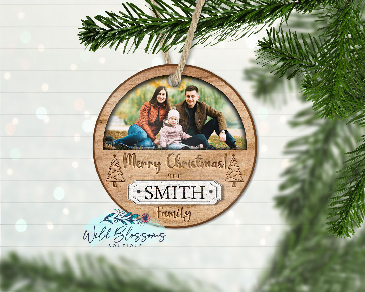 Rustic Wooden Round Custom Photo Ornament