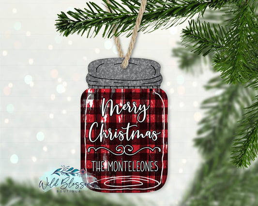 Red Buffalo Plaid Merry Christmas Mason Jar Ornament