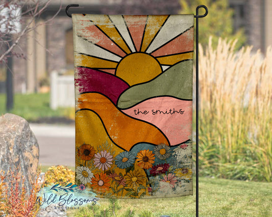 Retro Hippie Sunshine Floral Personalized Garden Flag
