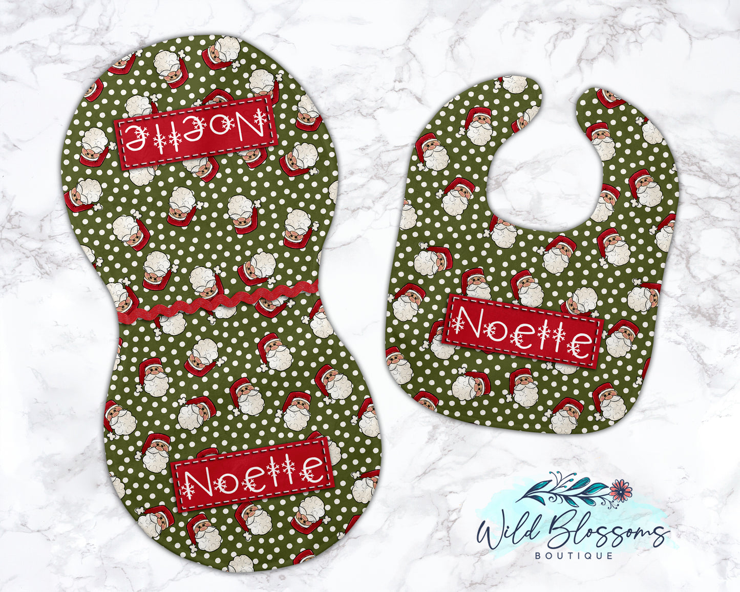 Santa Clause Christmas Personalized Baby Bib And Burp Cloth Set