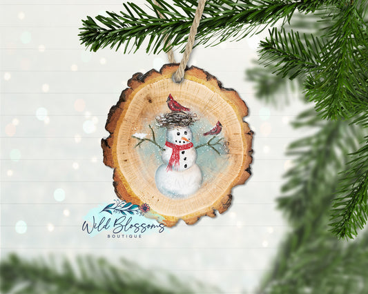 Snowman With Cardinals Wood Slice Ornament