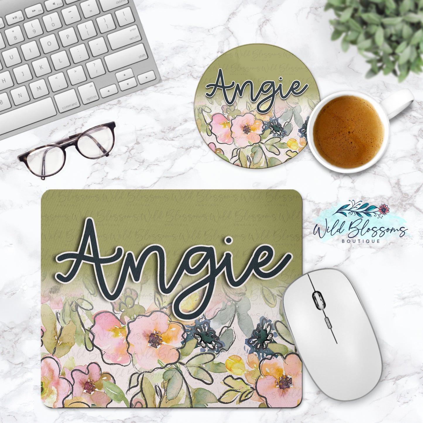 Spring Floral Personalized Mouse Pad And Coaster Desk Set