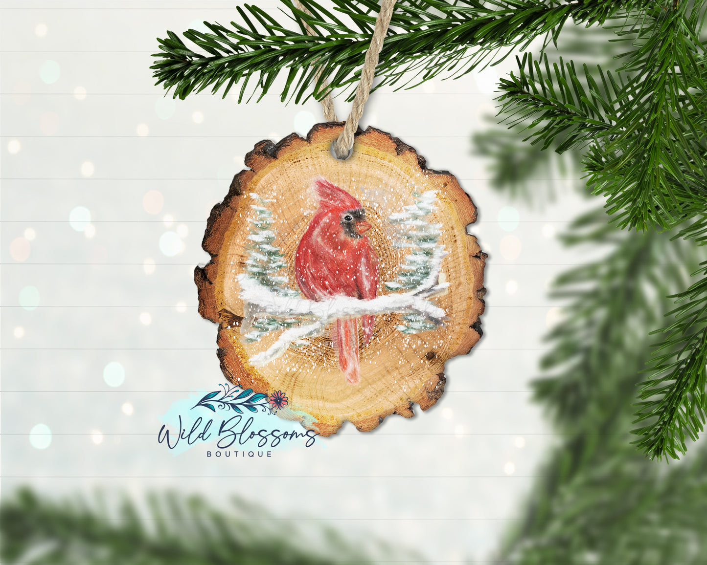 Snowy Cardinal Wood Slice Ornament