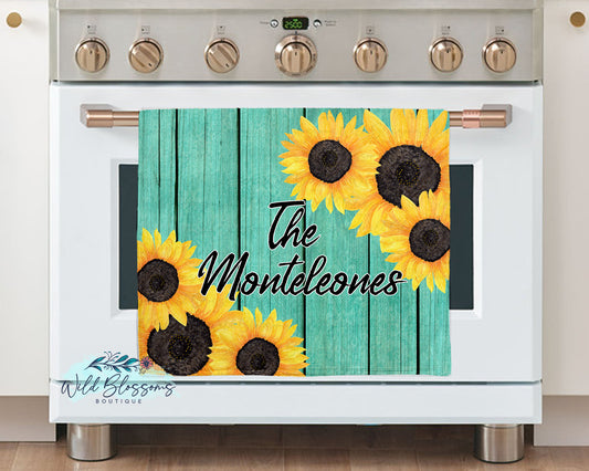 Teal Wooden Sunflower Kitchen Towel