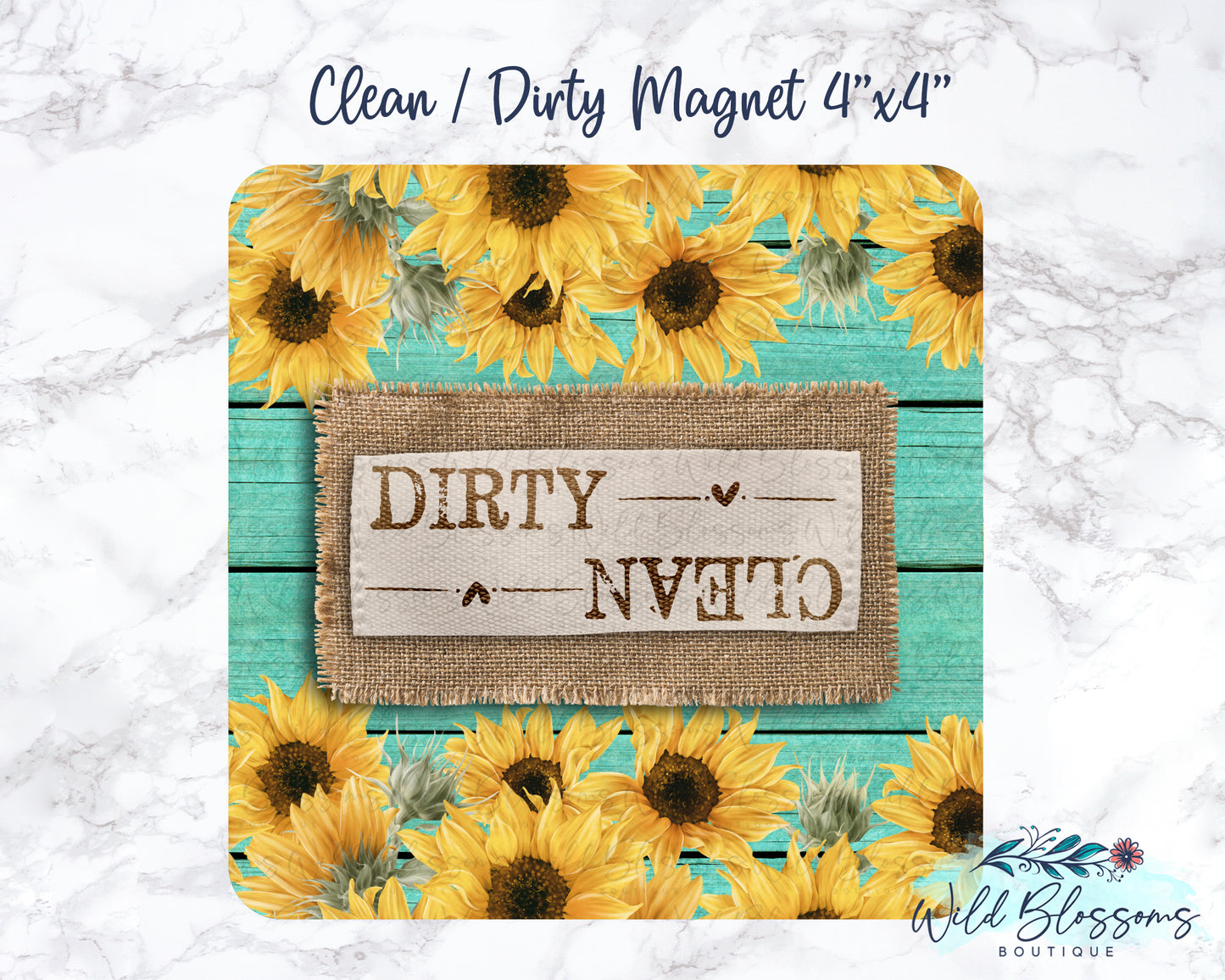 Teal Wooden Sunflower And Burlap Clean / Dirty Dishwasher Magnet