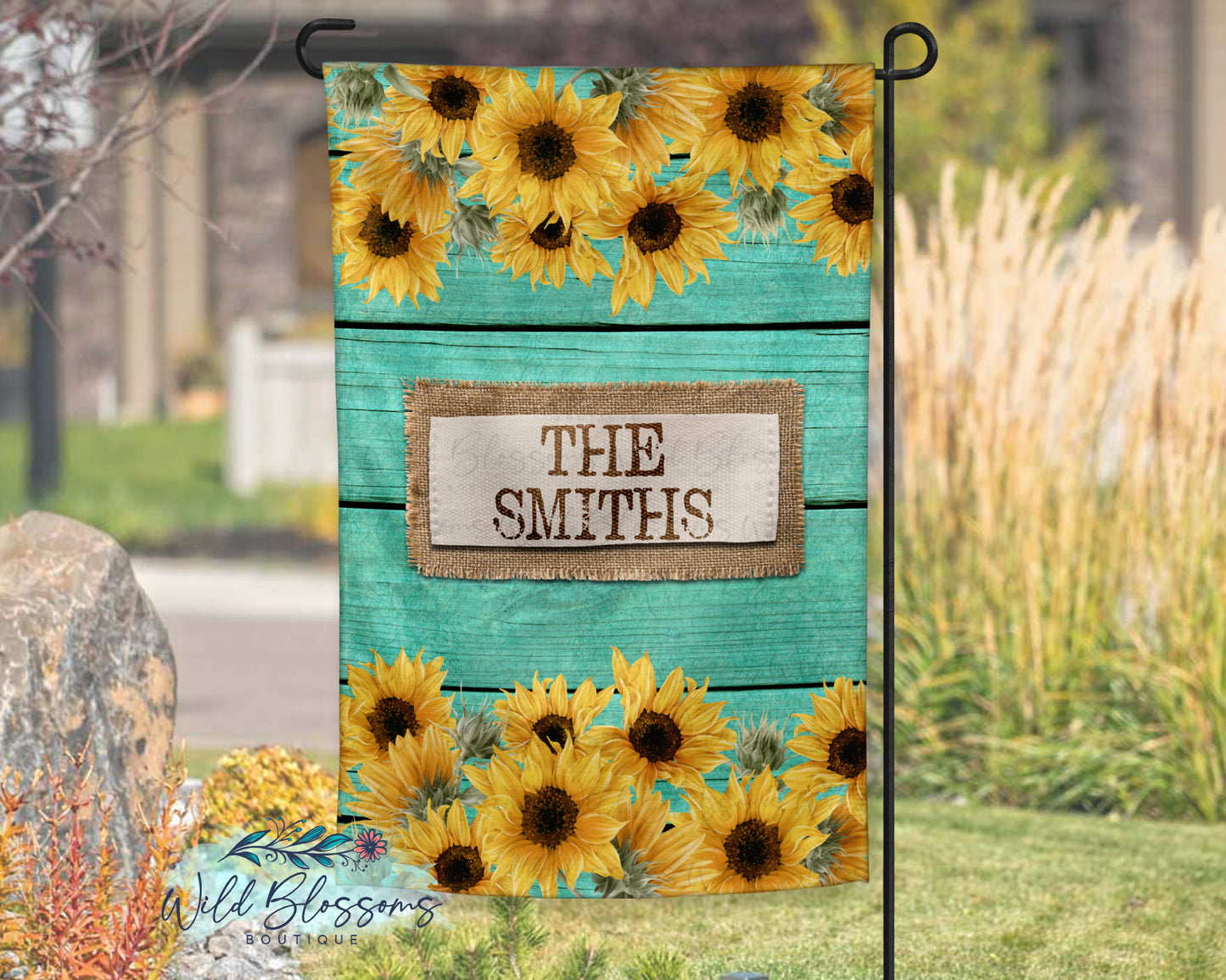 Teal Wooden Sunflower And Burlap Personalized Garden Flag