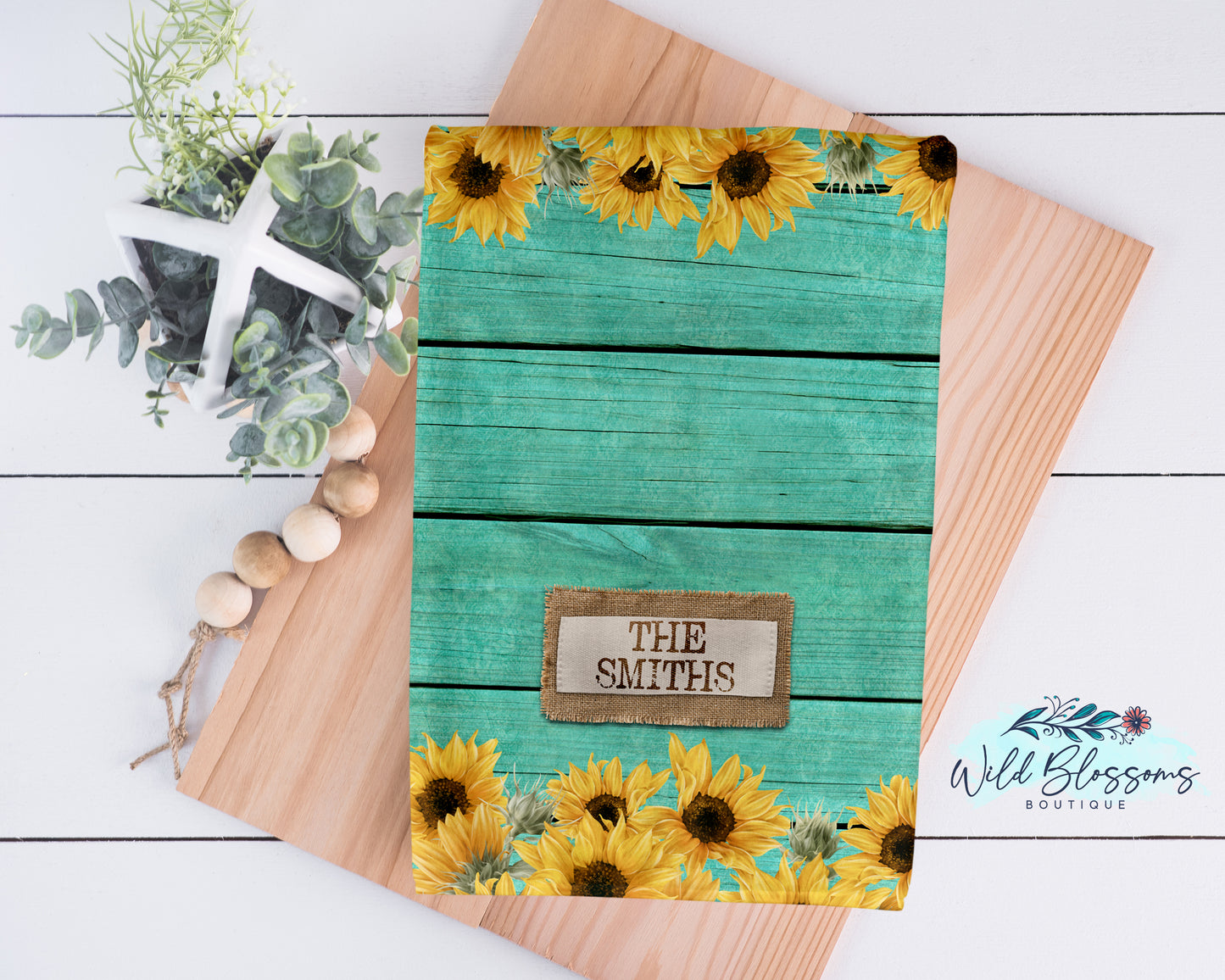 Teal Wooden Sunflower And Burlap Personalized Kitchen Towel