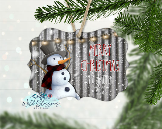 Merry Christmas Tin Snowman Ornament