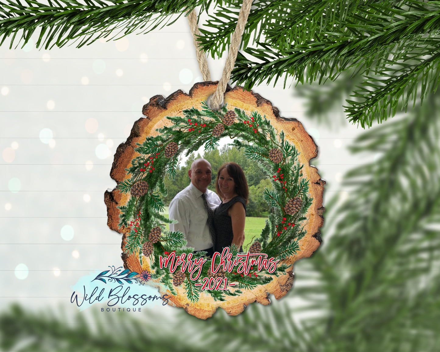 Wood Slice Pine Wreath Photo Ornament