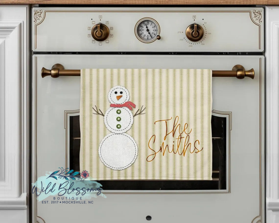 Rustic Stitched Snowman Grain Sack Personalized Pot Holder And Oven Mitt