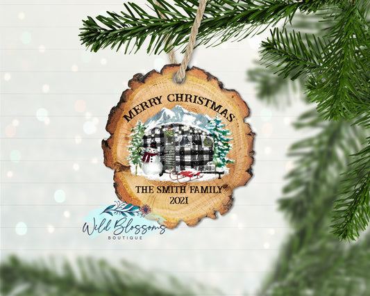 Buffalo Plaid Camper Wood Slice Ornament