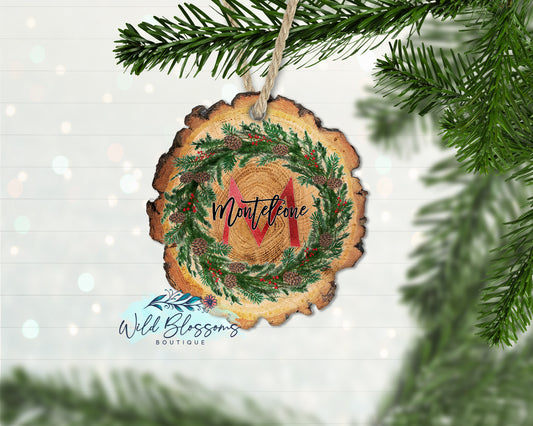 Pine Wreath Family Name Wood Slice Ornament