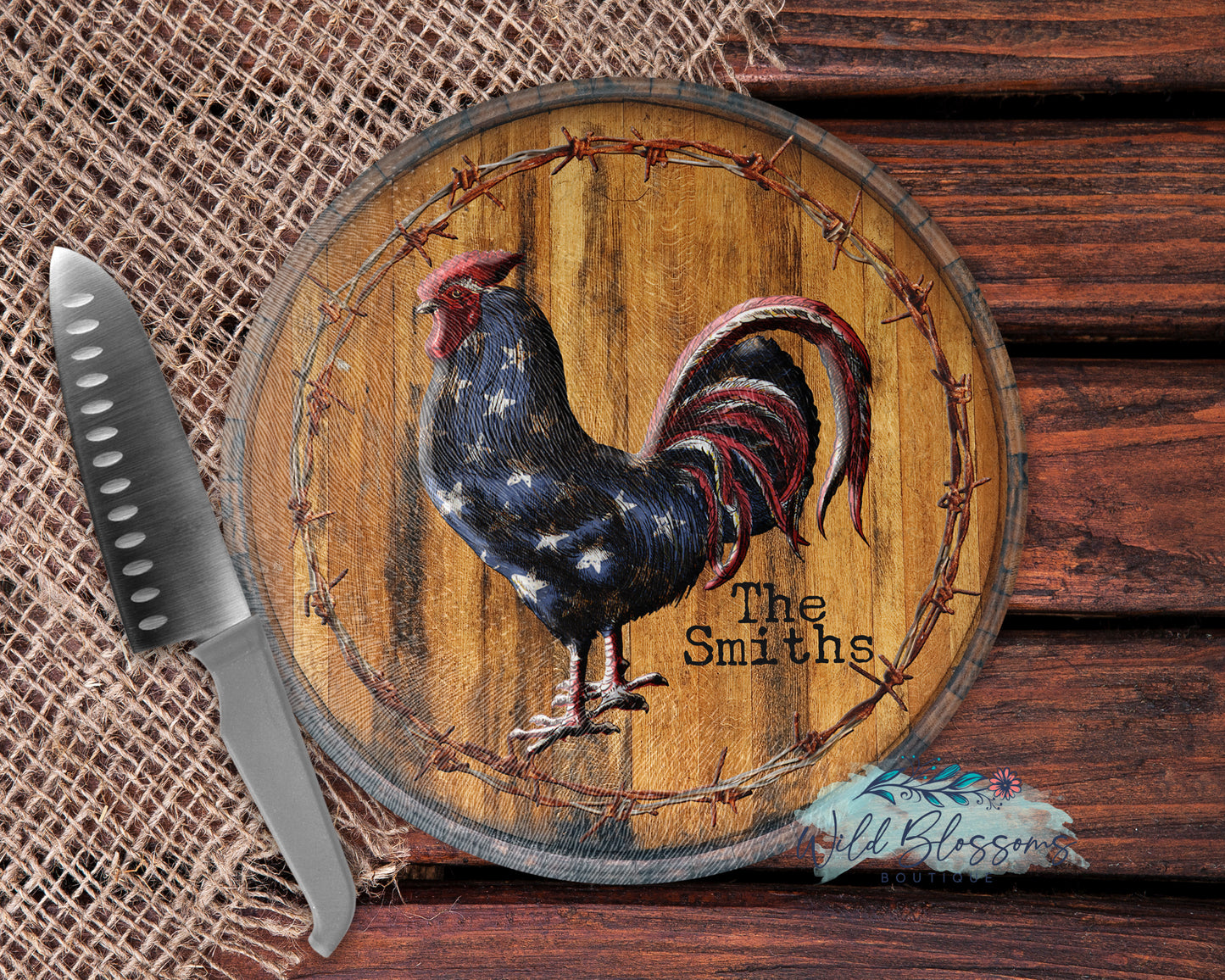 Patriotic Wine Barrel Rooster Glass Cutting Board