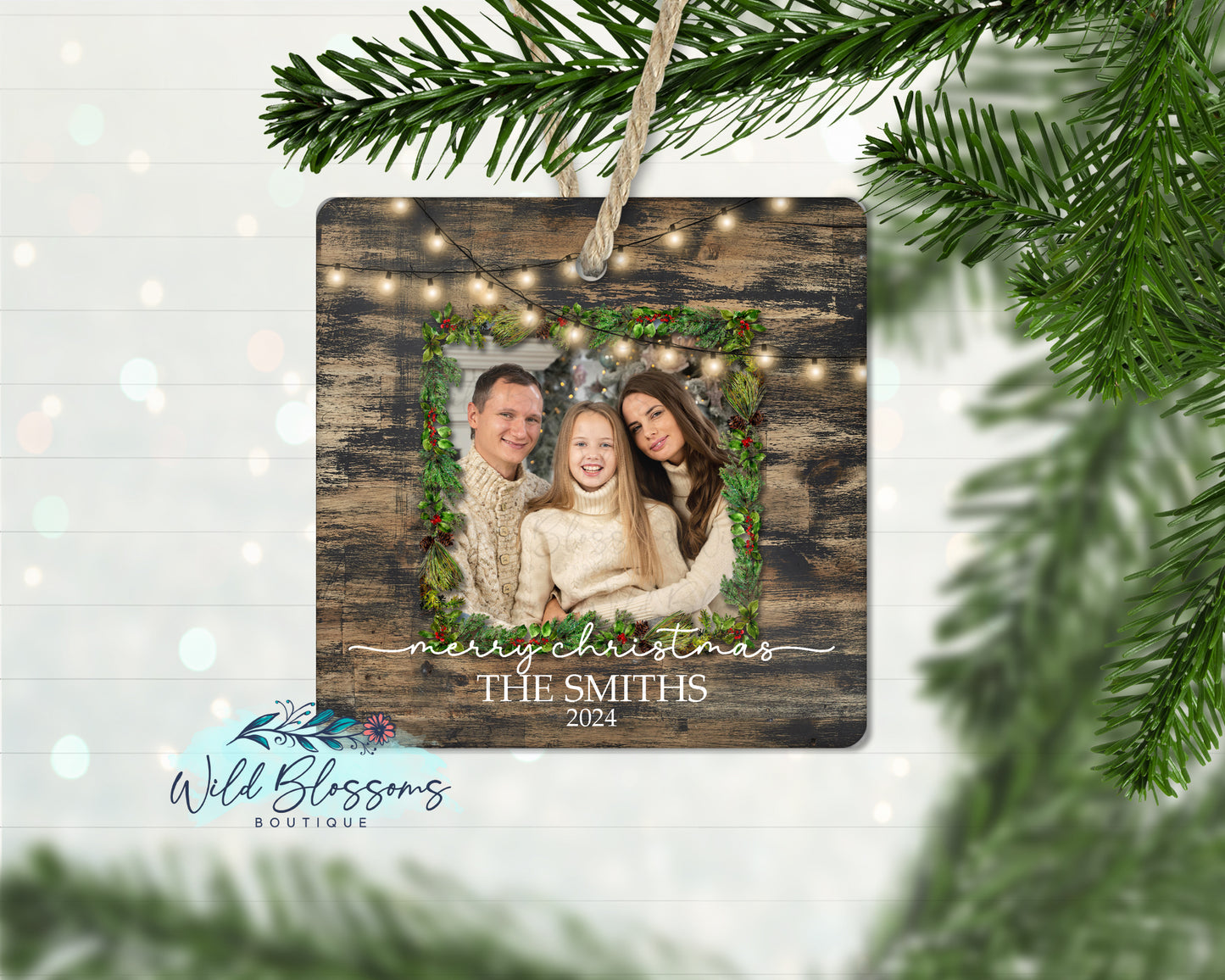 Wooden Christmas Wreath Personalized Photo Ornament