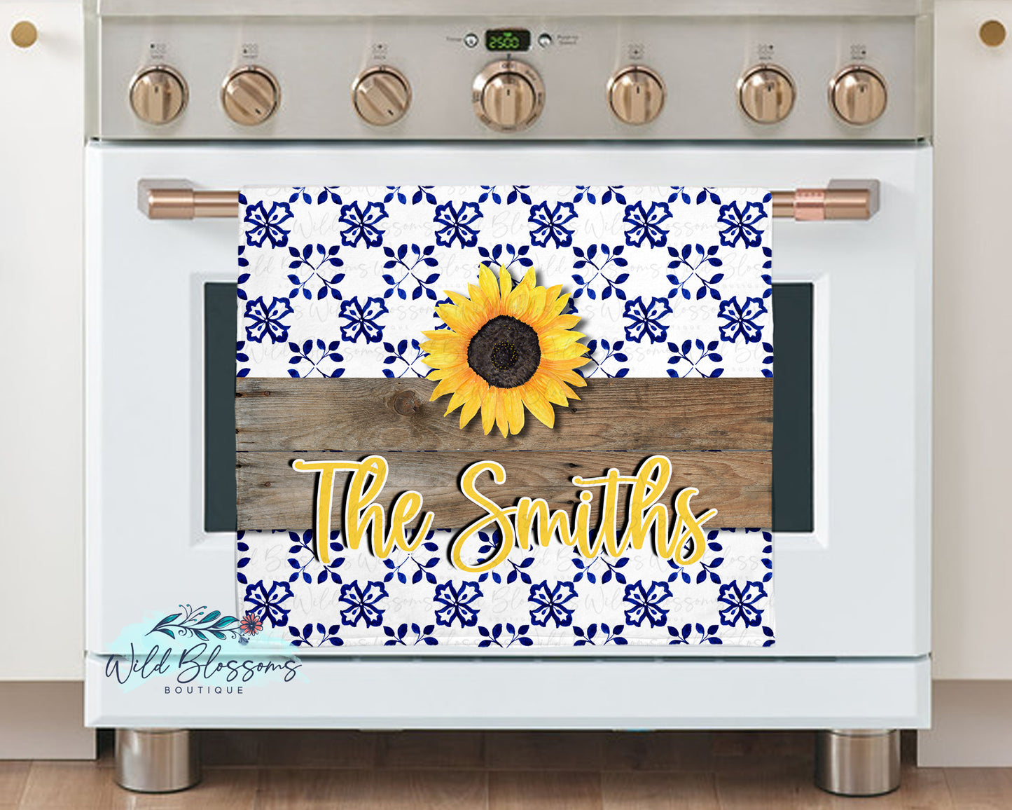 Blue Tile And Sunflower Personalized Kitchen Towel