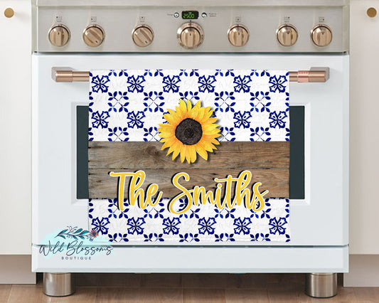 Blue Tile And Sunflower Personalized Kitchen Towel