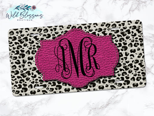 White Leopard Print With Pink Personalized License Plate