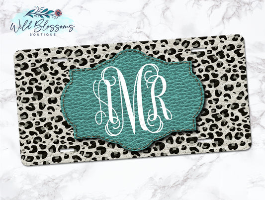 White Leopard Print With Turquoise Personalized License Plate