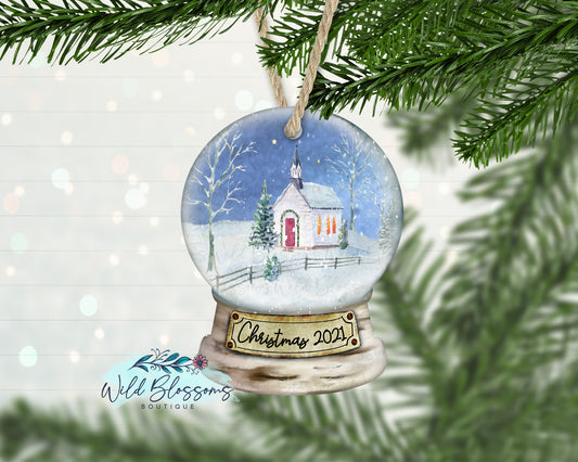 White Church Snow Globe Ornament