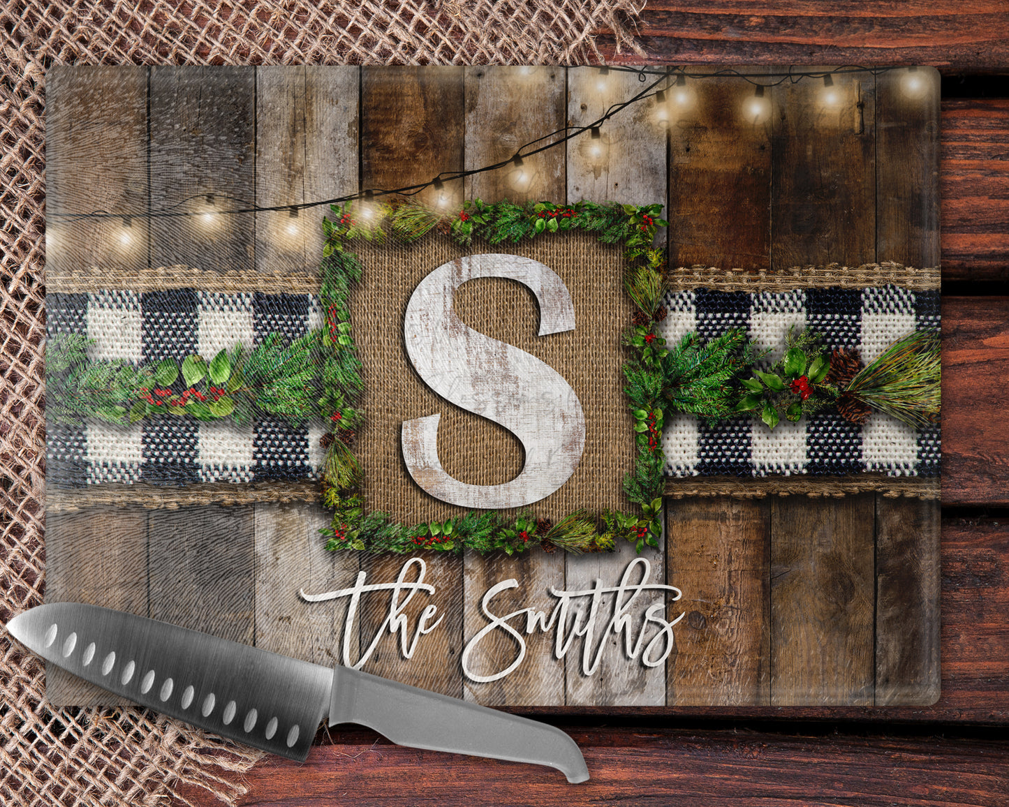 Wooden Buffalo Plaid Christmas Greenery Glass Cutting Board