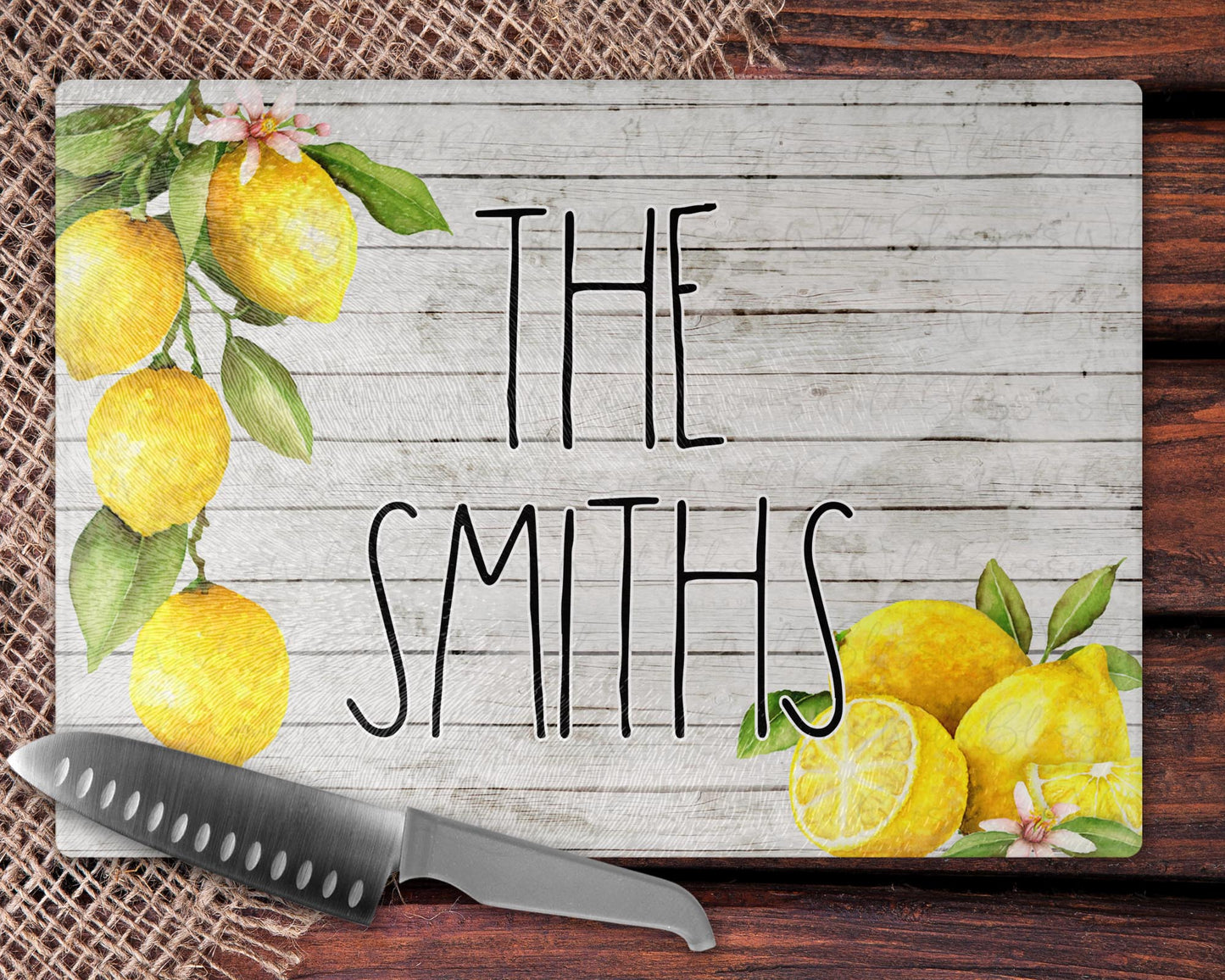 Watercolor Lemon Wooden Shiplap Personalized Glass Cutting Board