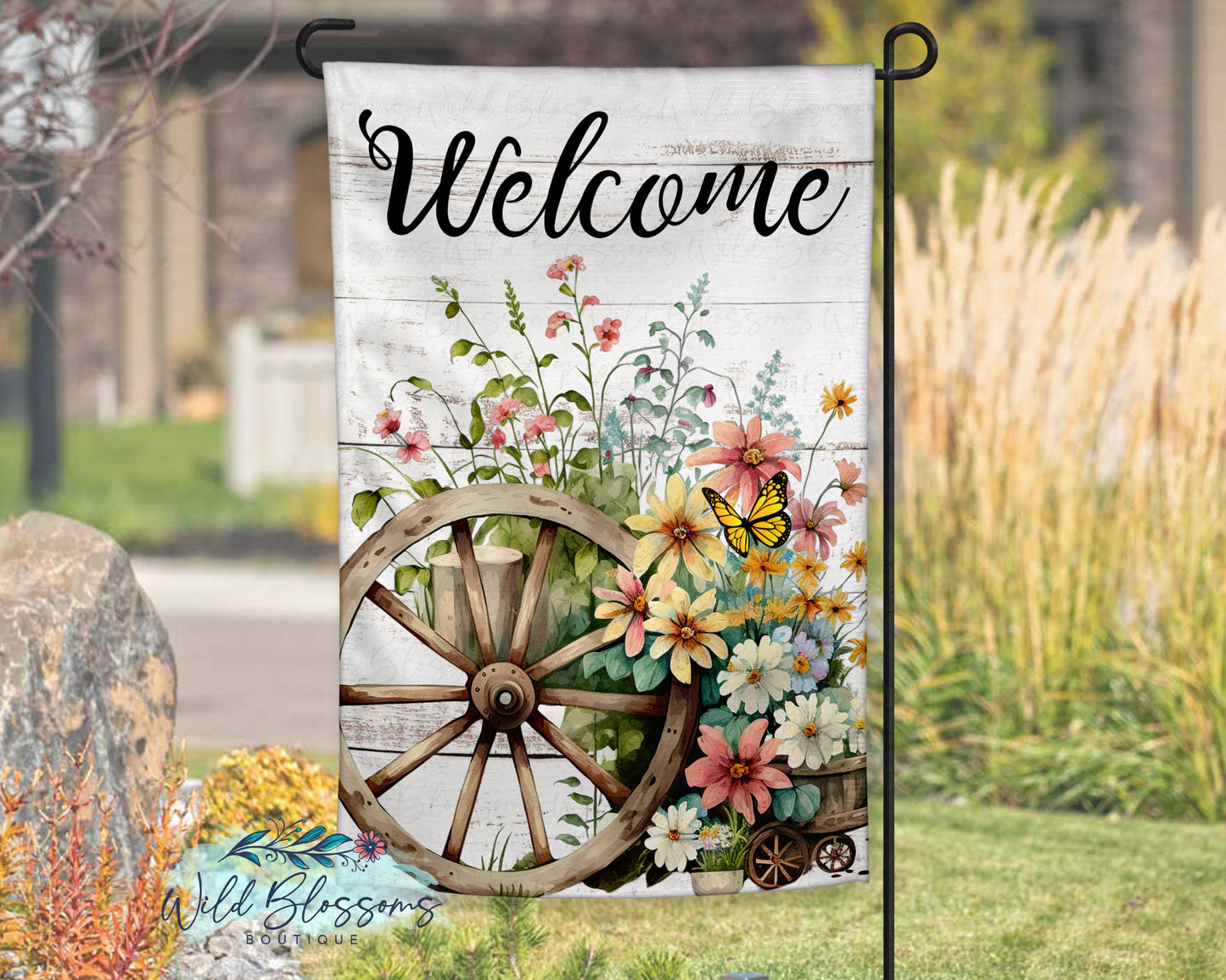 Welcome Floral Wagon Wheel Garden Flag