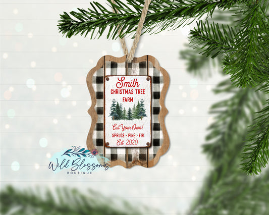 Wooden Buffalo Plaid Christmas Tree Farm Ornament