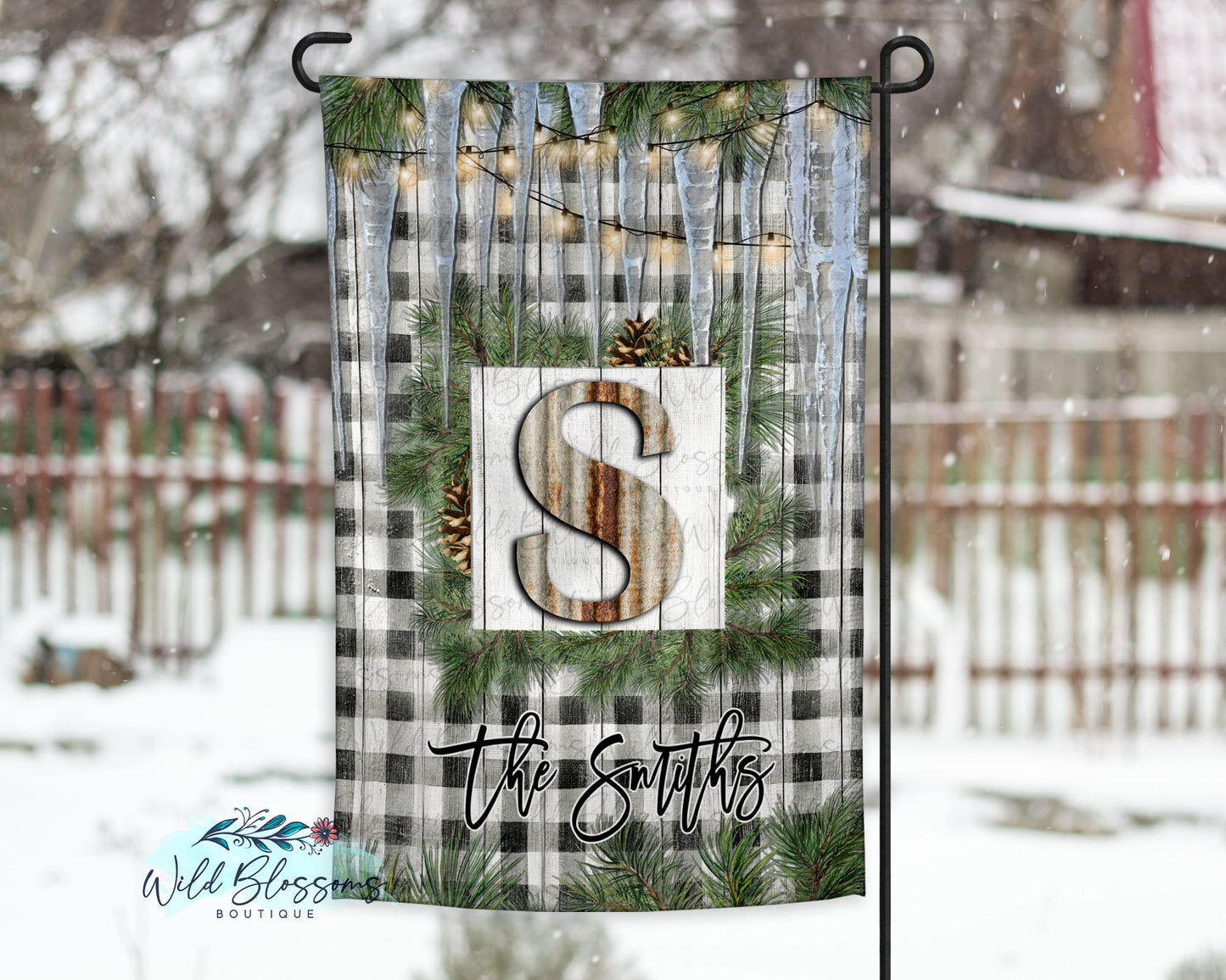 Wooden Buffalo Plaid Winter Icicle Pine Garden Flag