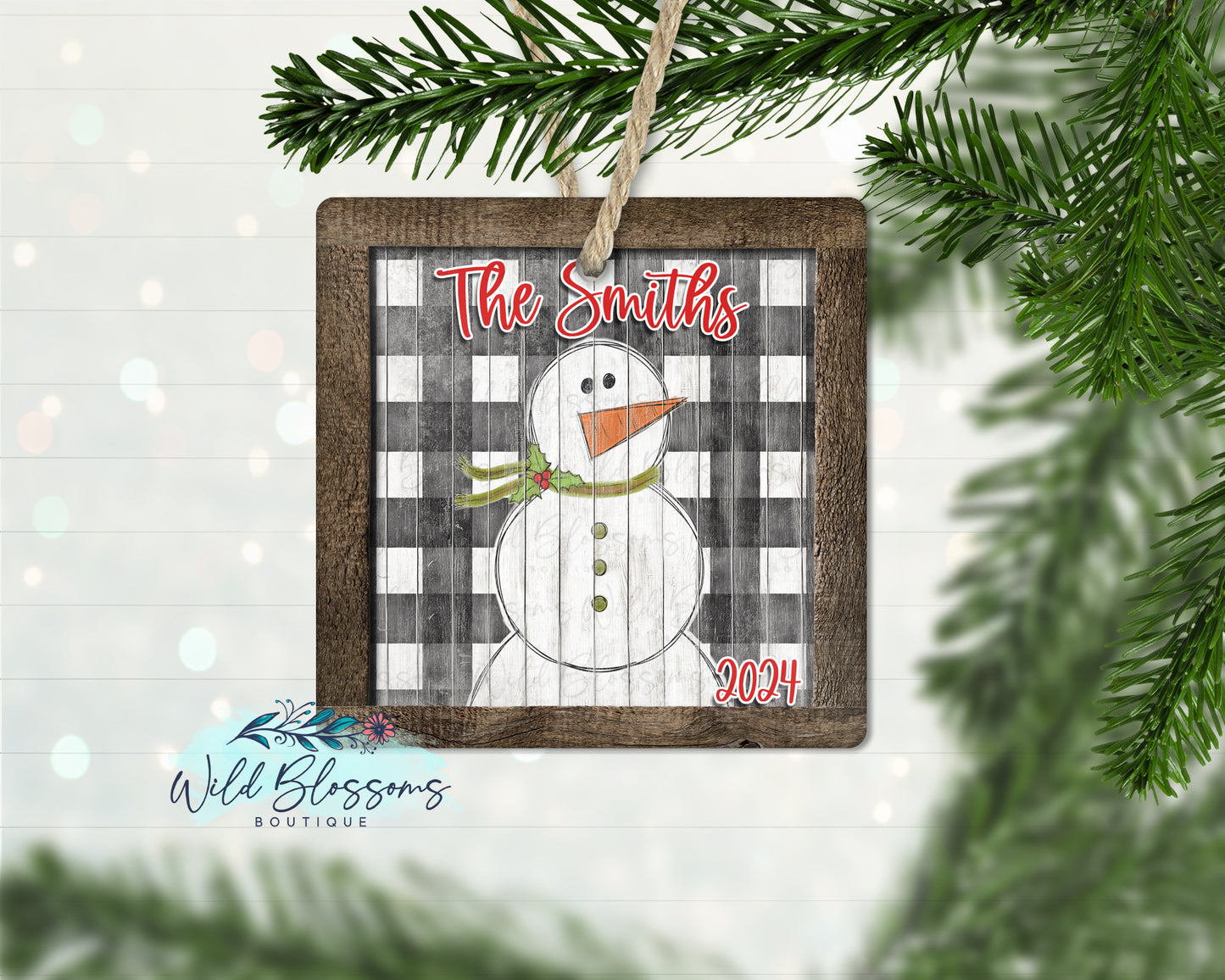 Wooden Painted Snowman Merry Christmas Square Ornament