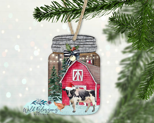 Winter Barn with Cow and Chicken Mason Jar Ornament