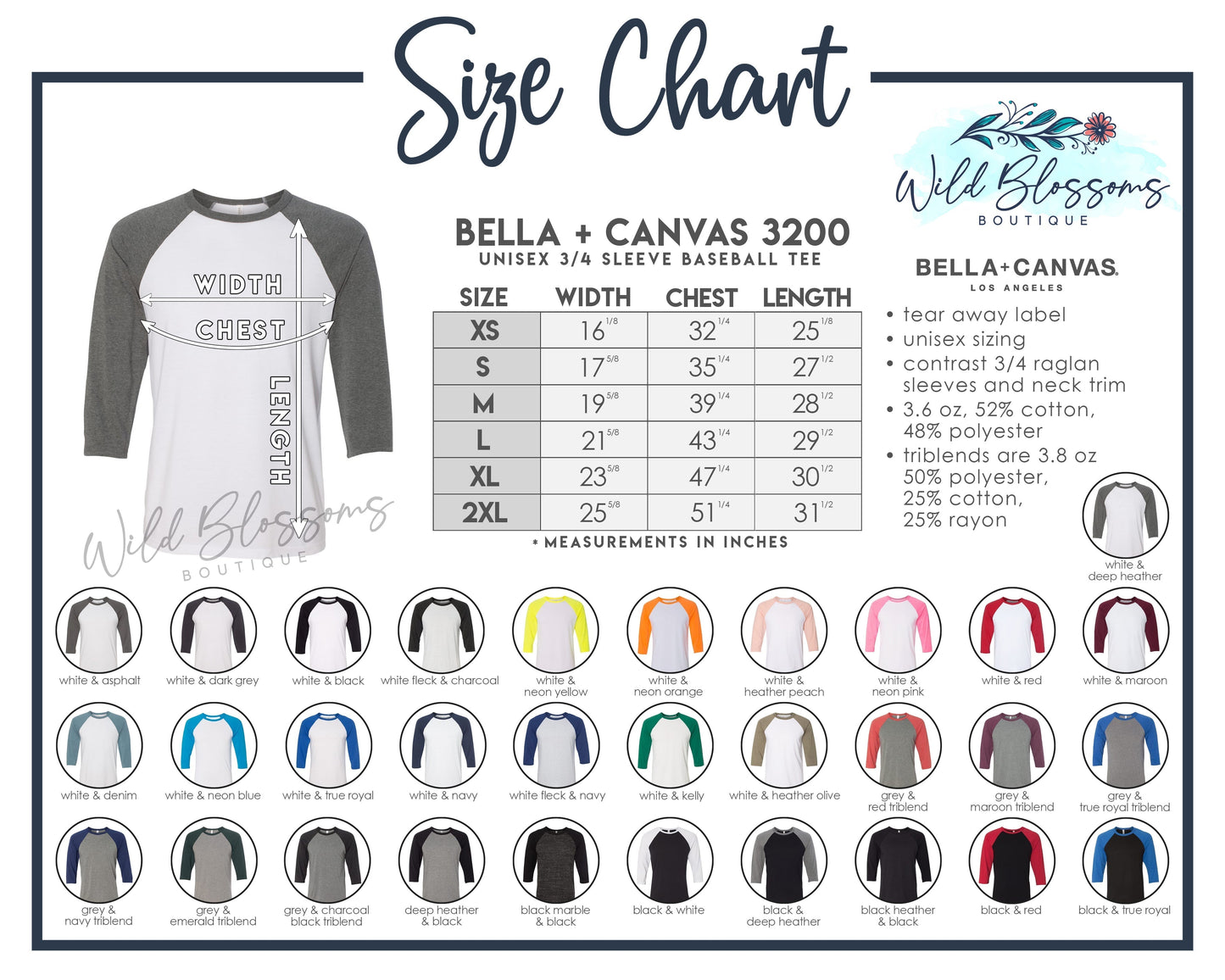 Bella + Canvas 3200 Unisex 3/4 Sleeve Baseball Tee