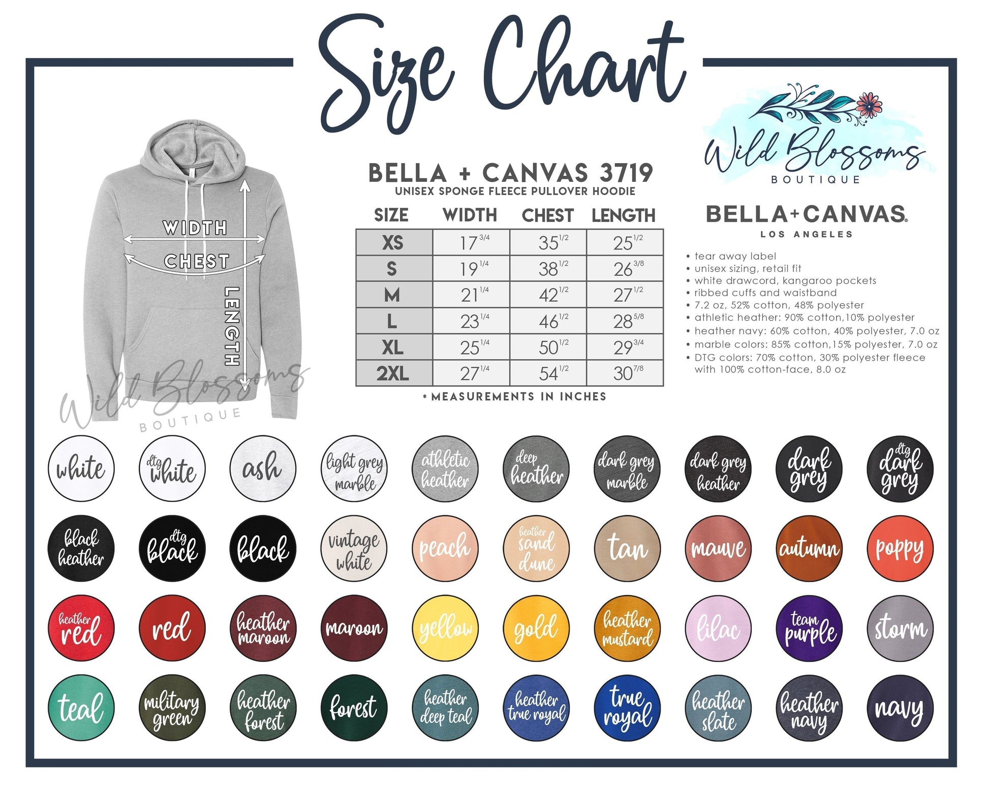 Bella + Canvas 3719 Unisex Sponge Fleece Pullover Hoodie