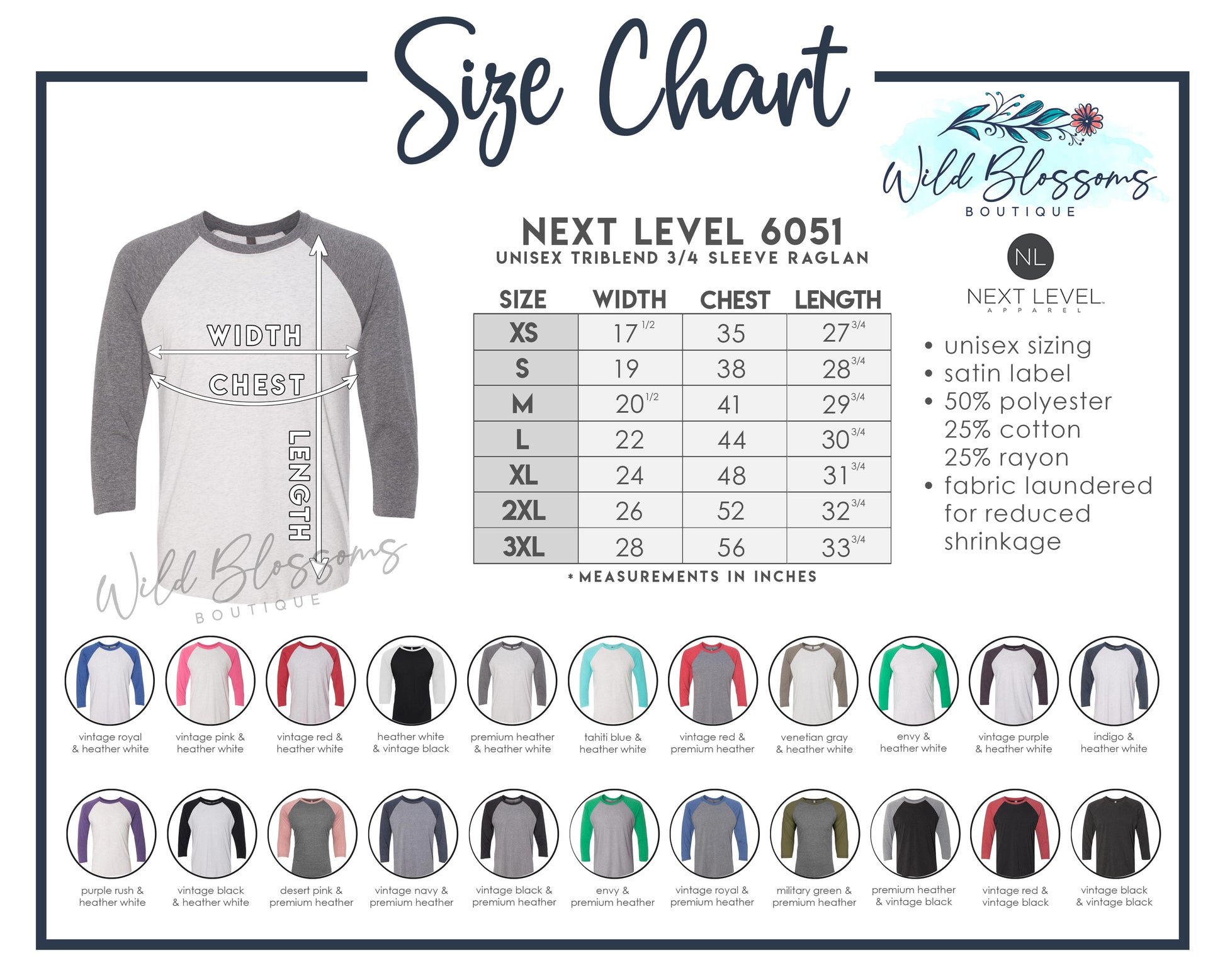 Size Chart for Next Level 6051 Unisex Triblend 3/4-Sleeve Raglan